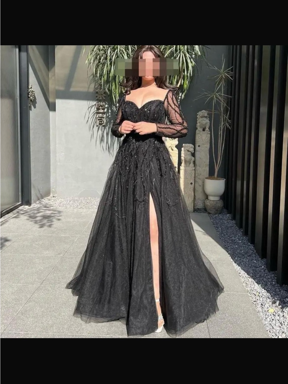 Not worn! Black Off-Shoulder Long Sleeve Tulle Evening Gown with Thigh Slit